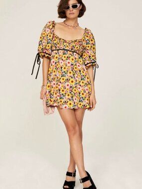 For Love & Lemons Floral Print Puff Sleeve Mini Dress Size XS